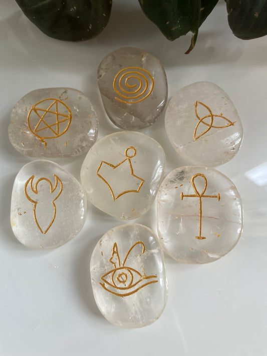 Clear Quartz Palmstone Set with Sacred Symbols