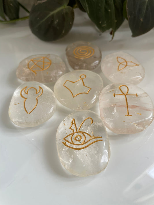 Clear Quartz Palmstone Set with Sacred Symbols